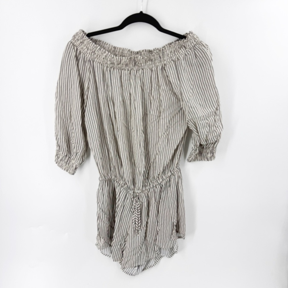✅ Eberjey Striped Smocked Off The Shoulder Drawstring Mini Short Romper‎ S/M